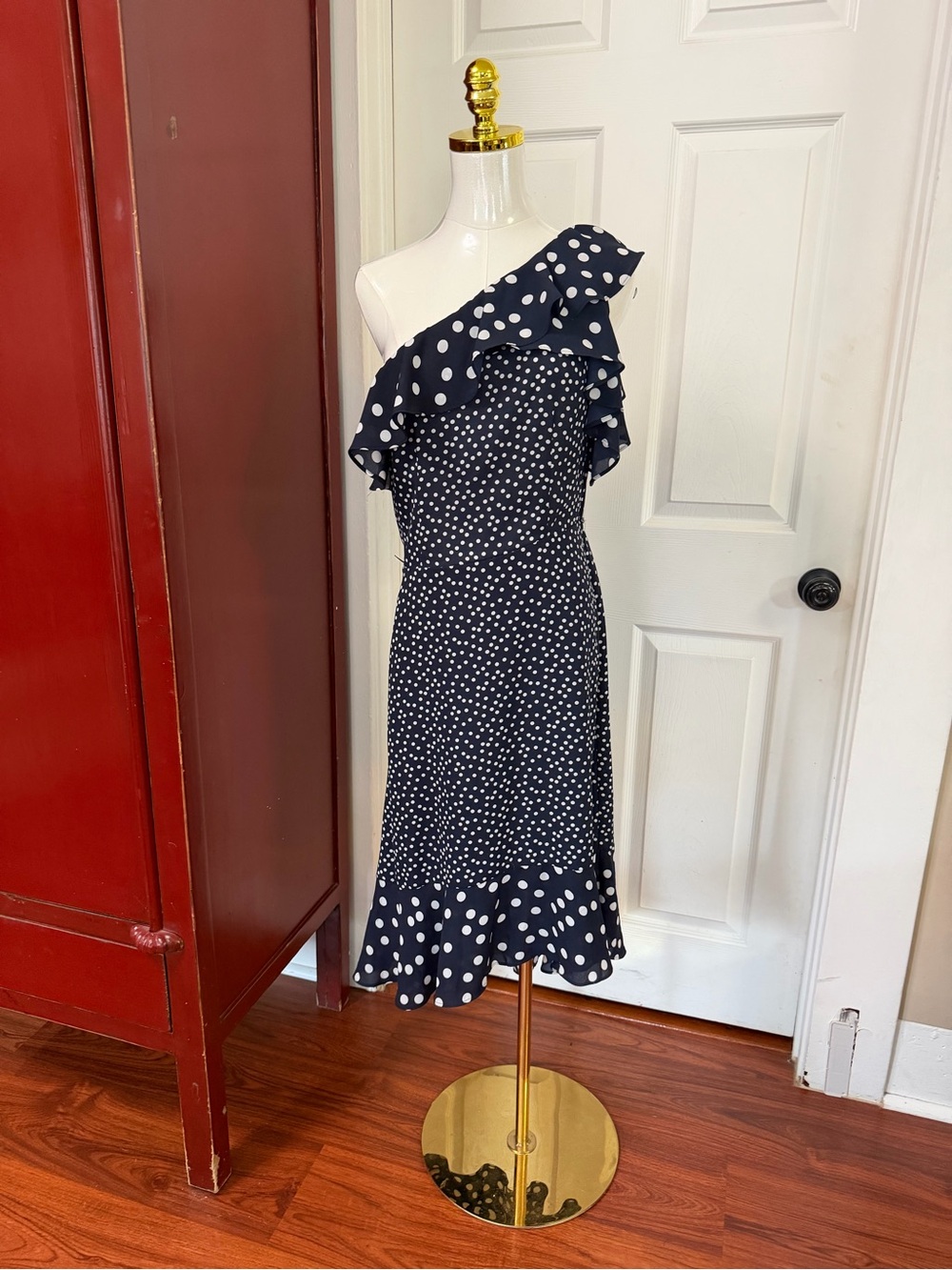 a new day Navy and White Polka Dot One-Shoulder Ruffle Dress